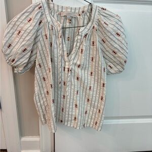 LOFT Women's Puff Sleeve Blouse - White and Red Stripes